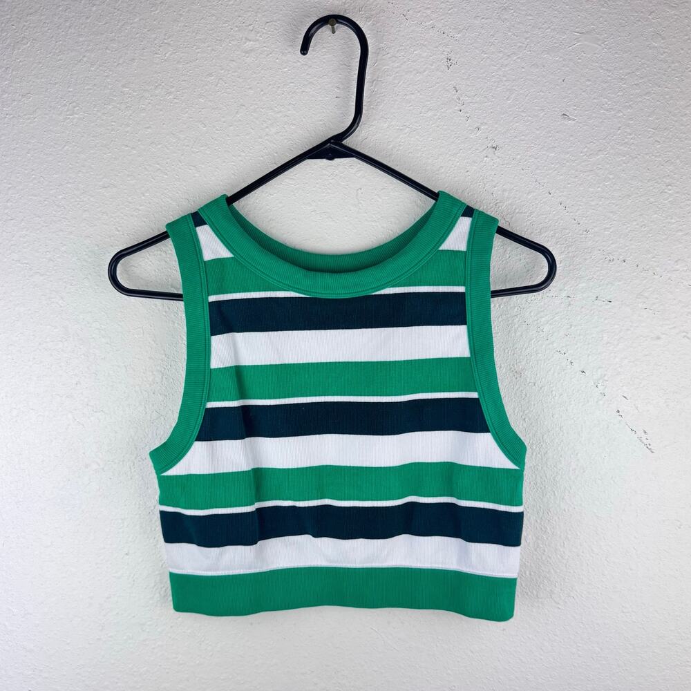 Aerie Offline Ribbed Cropped Striped Green White Black Tank Top Womens Sz XL
